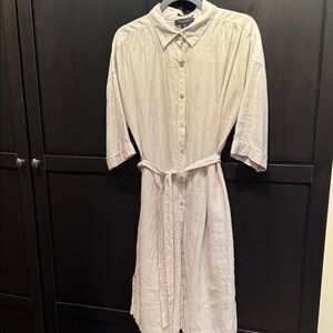 TAHARI linen Light Beige Button-Front Shirt Dress with Waist Tie
